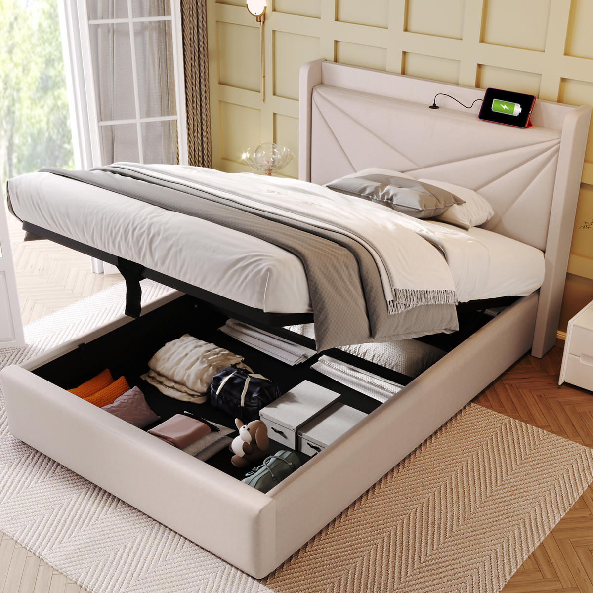 POLSTERBETT 90/200 mit Bettkasten, Matratze, USB und Type-C in Leinen - Beige, Holzwerkstoff/Textil (90/200cm) - EVRYAE