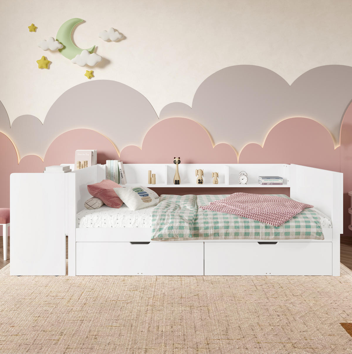 KINDERBETT 90/200 cm mit Schreibtisch, 2 Schubladen und Regalen aus Kiefern , Weiß - Weiß, Holzwerkstoff (90/200cm) - Redom
