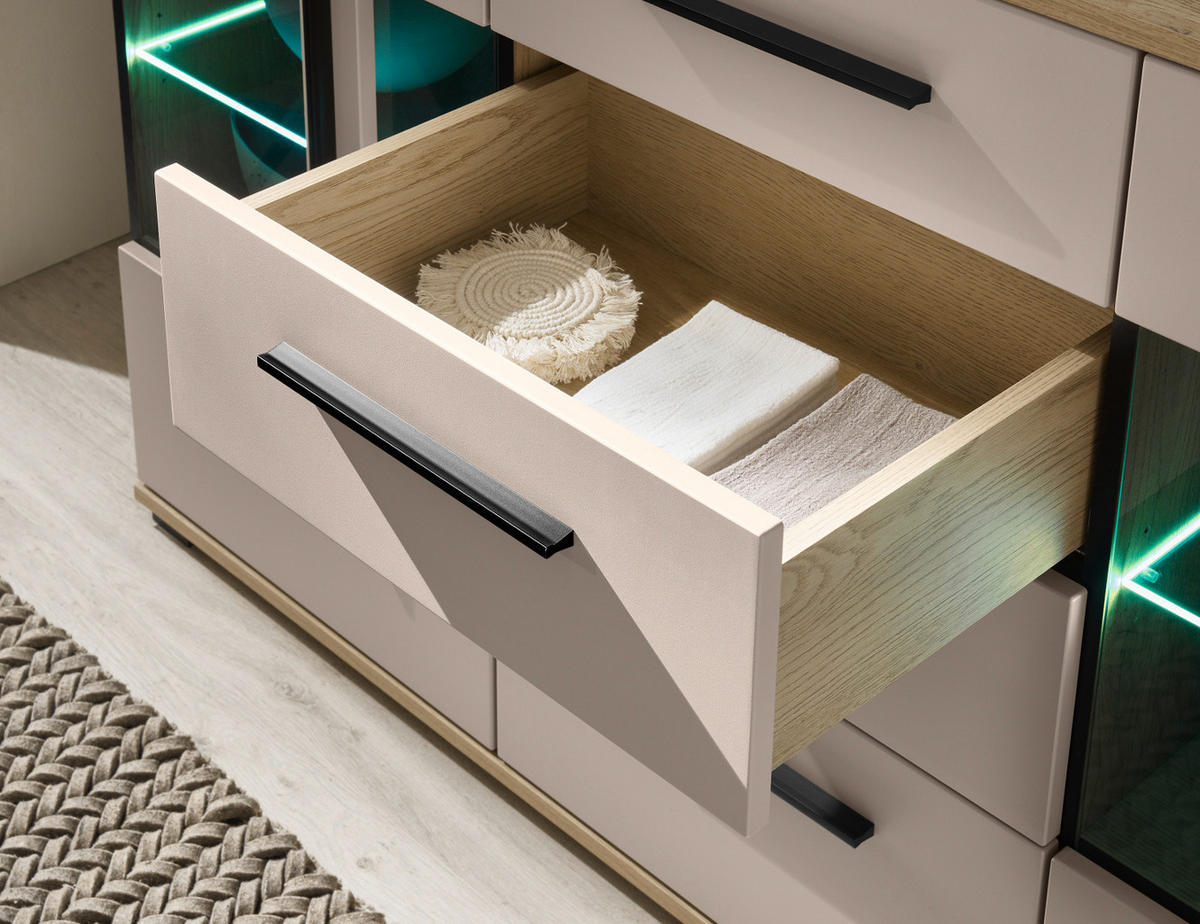 WOHNWAND Kaschmir, Eiche 4-teilig 290 cm, Wohnkombination mit Soft-Close - Kaschmir/Eichefarben, Glas/Holzwerkstoff (290/200/37cm) - Furn.Design