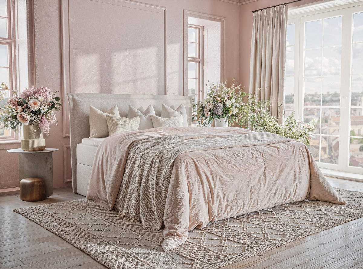 BOXBETT Saffron 200/200 cm, in Ecru, Bettkasten, Matratze, Topper - Ecru/Schwarz, Holz/Holzwerkstoff (200/200cm) - Maison de Reve