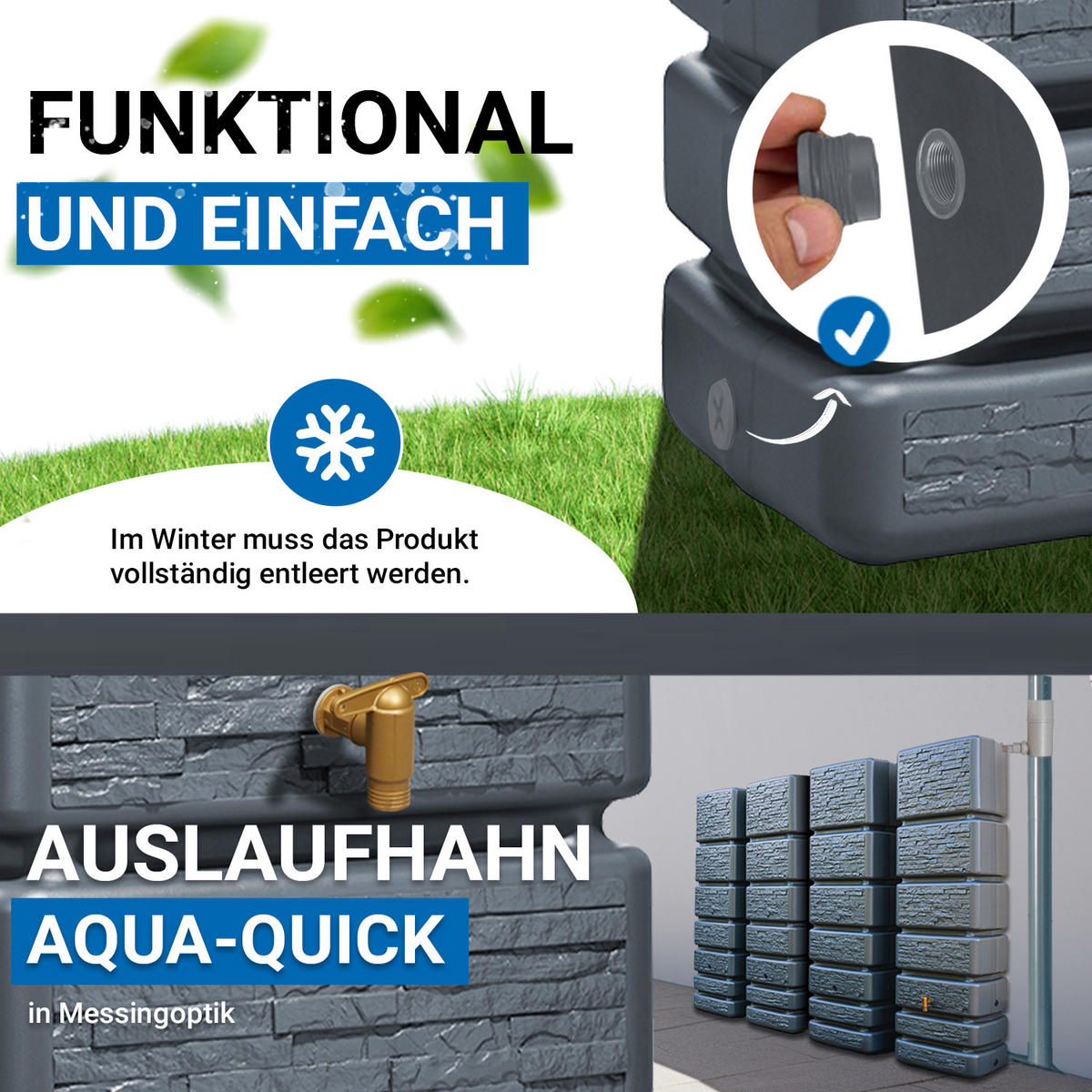 WANDTANK Komplett-Set 1400 L graphite grey 4 x 350 L inkl. Verbindungsset, Kunststoff-Auslaufhahn und Fallrohranschluss - Grau, Kunststoff (270/184/39cm) - 4rain