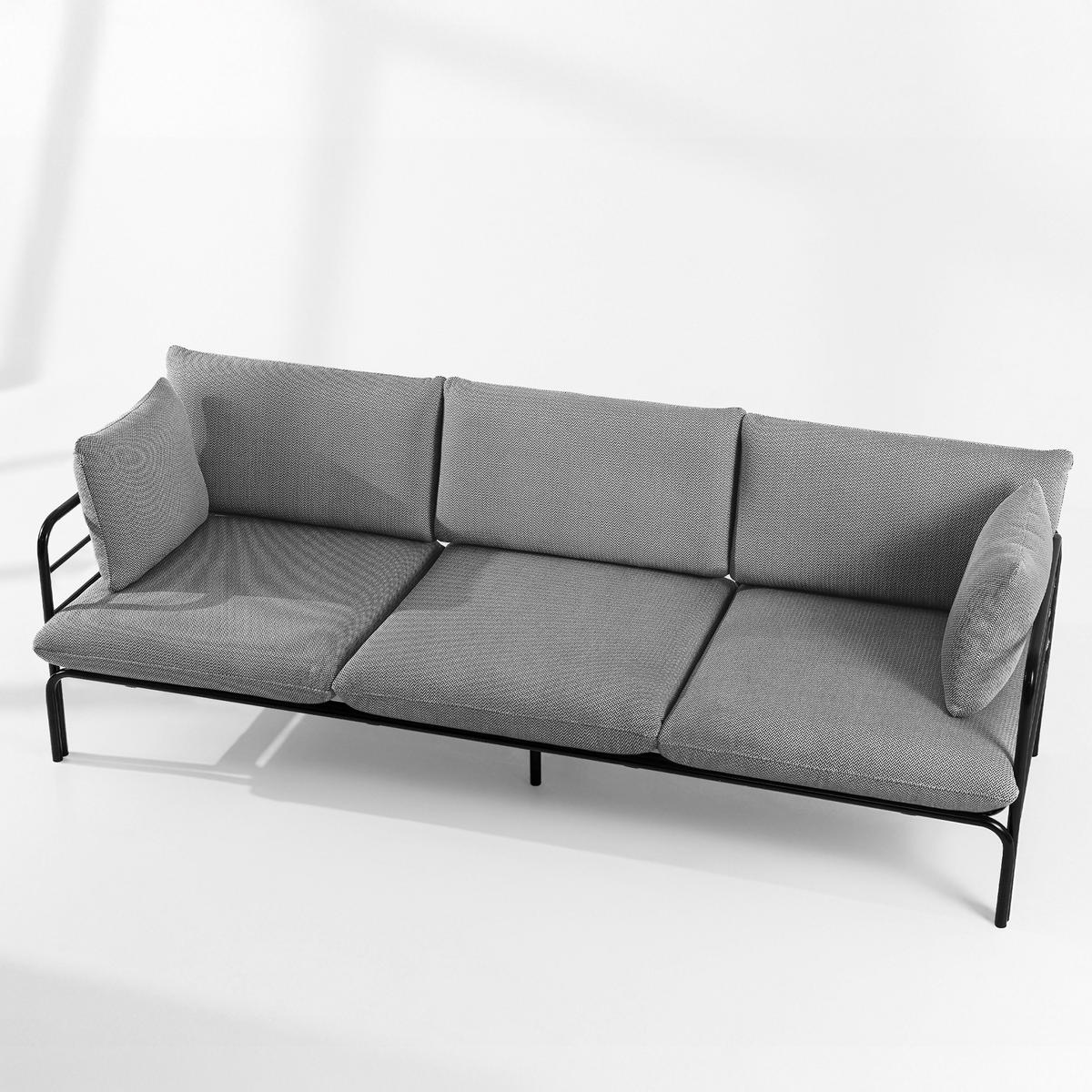 GARTENMÖBELSET RAMBE 4-tlg. 1x Tisch 2x Sessel 1x Sofa 3-Sitzer, mit Auflage, Stahlrahmen, LOFT-STIL, Anthrazit - Anthrazit/Schwarz, Glas/Textil - KONSIMO®
