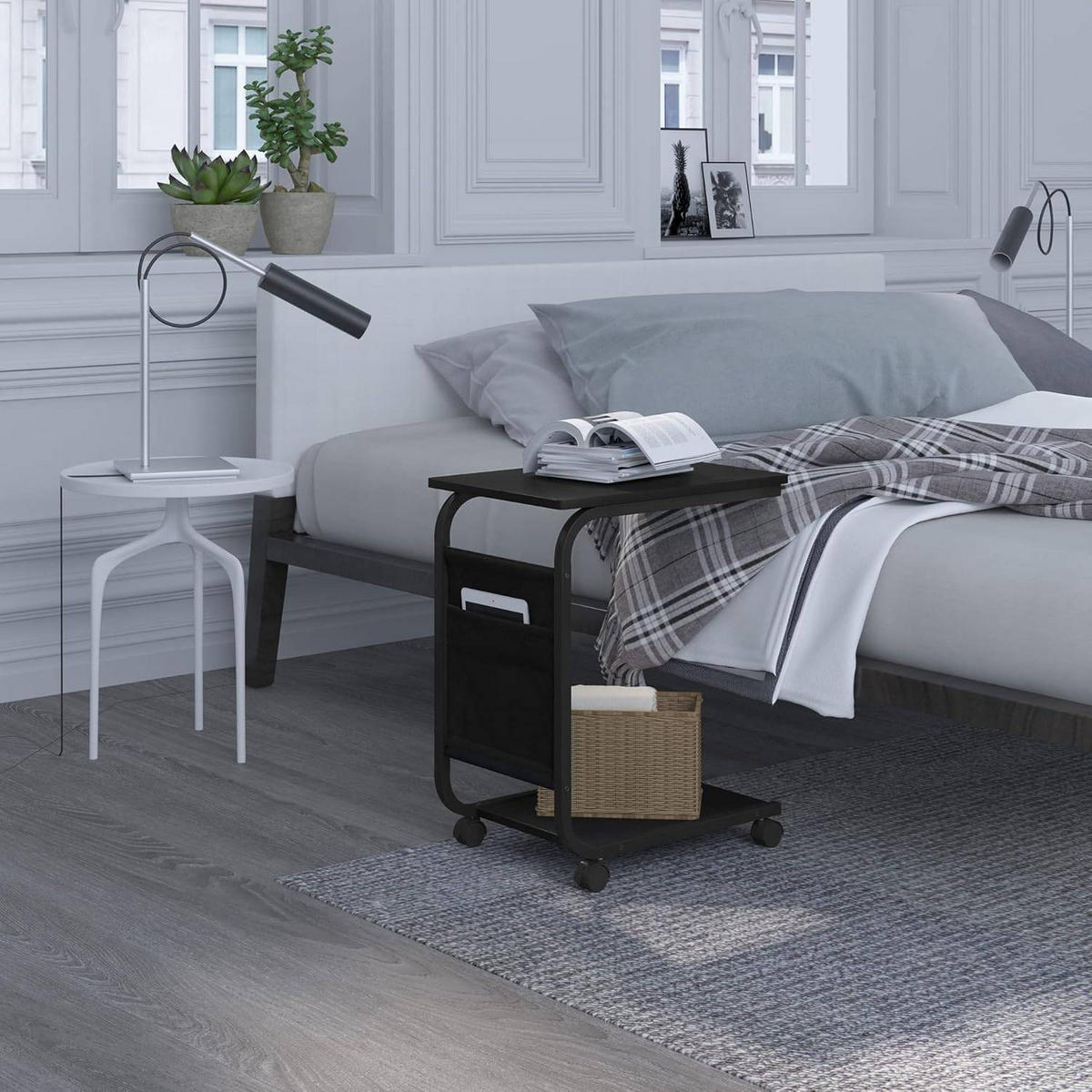 BEISTELLTISCH, Couchtisch mit 2 Ablagen 1 Seitentasche - Schwarz, Holzwerkstoff/Textil (35/50/62cm) - Woltu