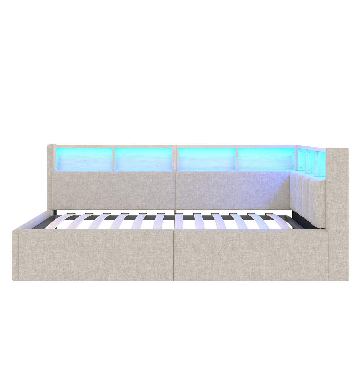 DENNÁ posteľ 90/200 cm béžová z ľanu a MDF s LED osvetlením, úložným priestorom a USB/USB-C - béžová, textil (90/200cm) - OKWISH