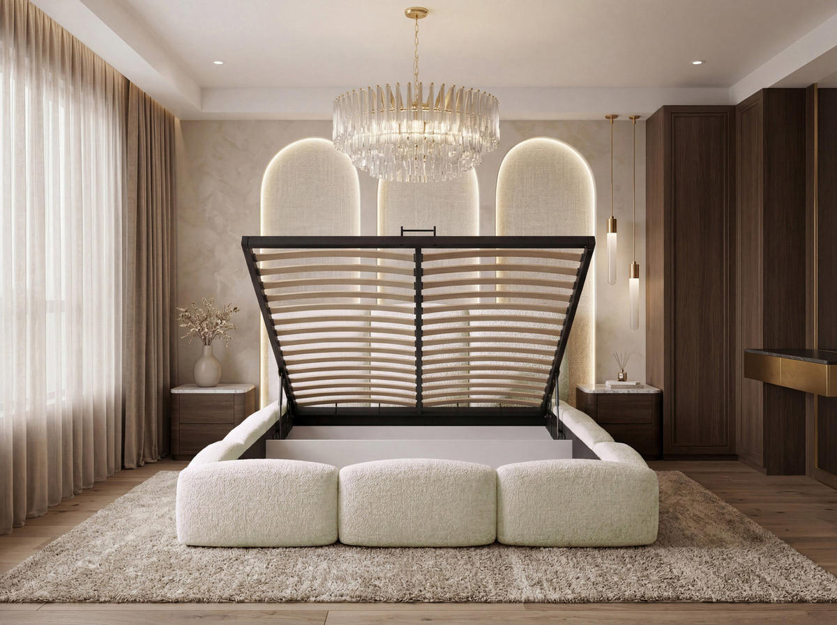 POLSTERBETT Harmony mit Bettkasten, Creme Boucle 120x200 cm - Birkefarben/Schwarz, Holzwerkstoff/Kunststoff (120/200cm) - WFL GROUP