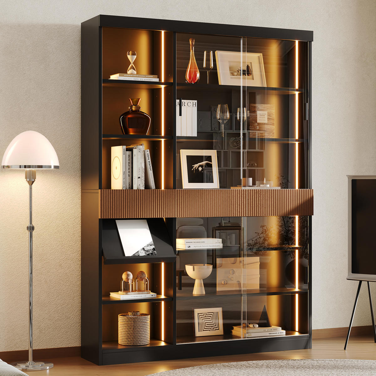 VITRINE 120x28,5x180 cm mit LED und Schiebetüren - Schwarz/Braun, Holzwerkstoff (120/180/28.5cm) - FLIEKS