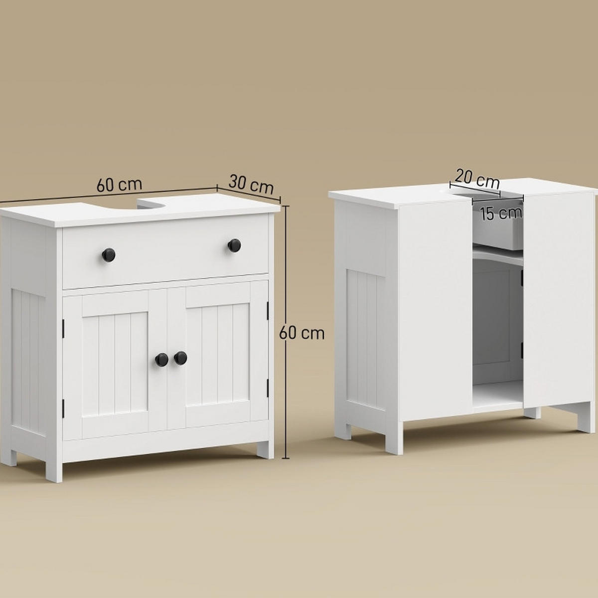 WASCHBECKENUNTERSCHRANK aus MDF 60x30x60 cm Weiß mit U-Ausschnitt, Soft-Close und praktischem Stauraum - Weiß, Holz (60/60/30cm) - Modfu