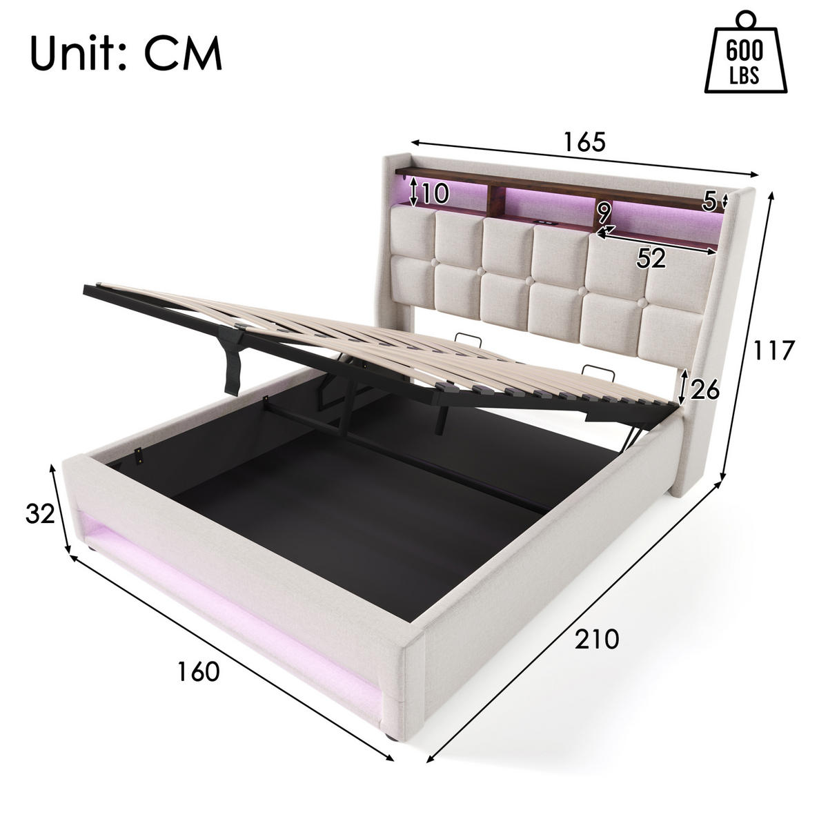 POLSTERBETT 160/200 cm in Beige mit Stauraum, USB-Anschluss und LED-Beleuchtung - Beige, Textil (160/200cm) - Flora Grace