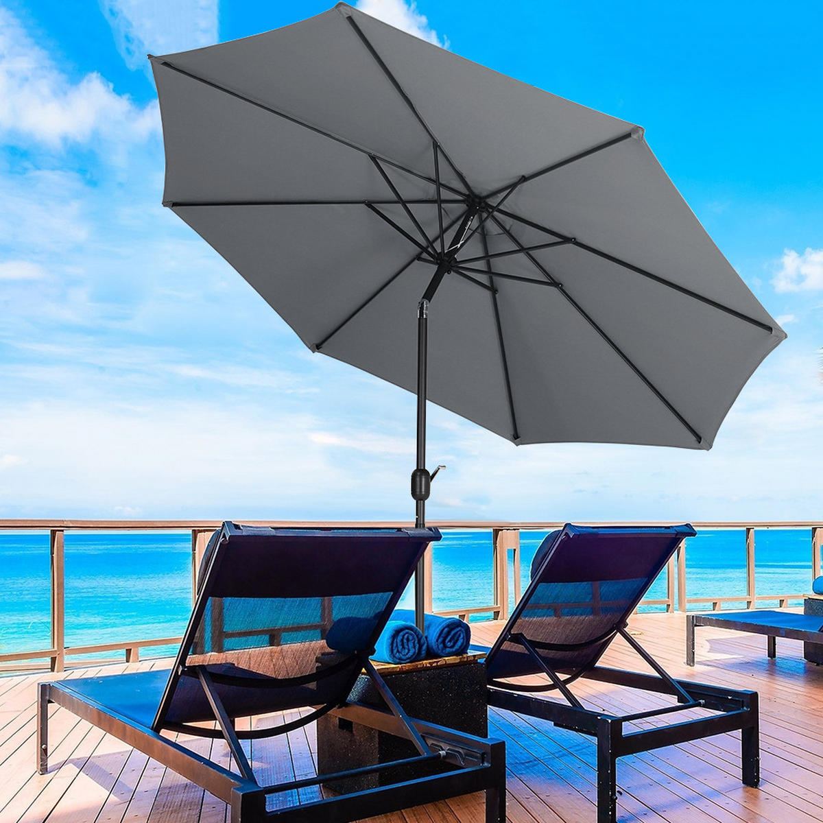 SONNENSCHIRM aus Polyester Metall in Dunkelgrau mit Resin-Sockel wetterfest UV-beständig drehbar 360° neigbar 60° 3 x 2.4m Ø49 × 35 cm - Grau, Metall (240/50cm) - Livingandhome