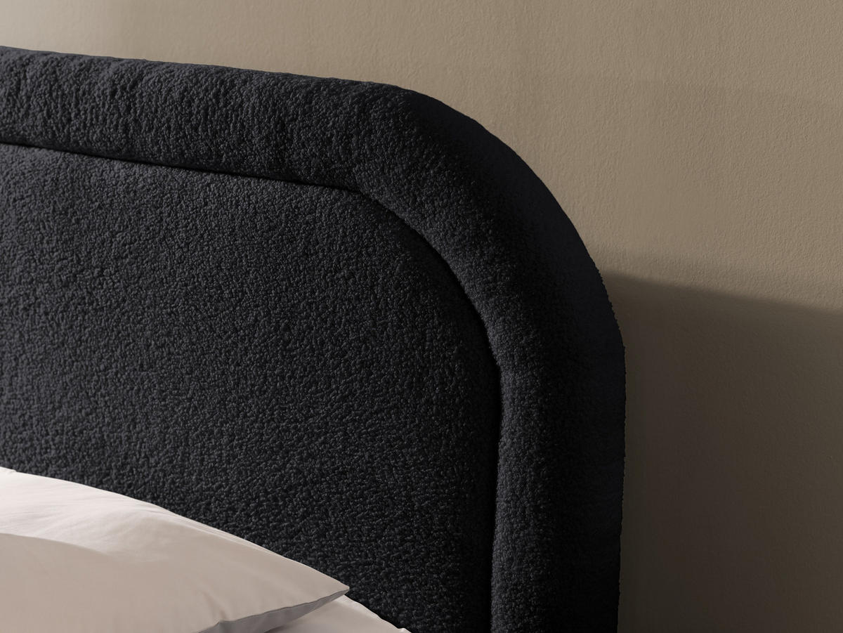 BOXBETT Sonna 160/200 cm Schwarz Bouclé-Stoff mit abgerundetem Kopfteil und mit silbernen Metallfüßen - Silberfarben/Schwarz, Holz/Textil (160/200cm) - S-Style Möbel