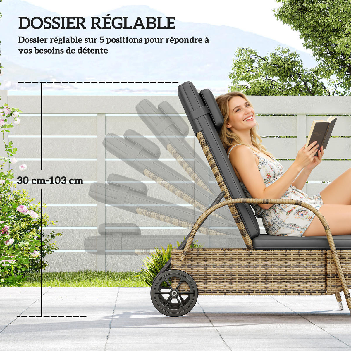 SONNENLIEGE Gelb 200/73/30-103 cm mit Rollen und Auflage - Hellgrau, Naturmaterialien (200/103/73cm) - PANGIVO
