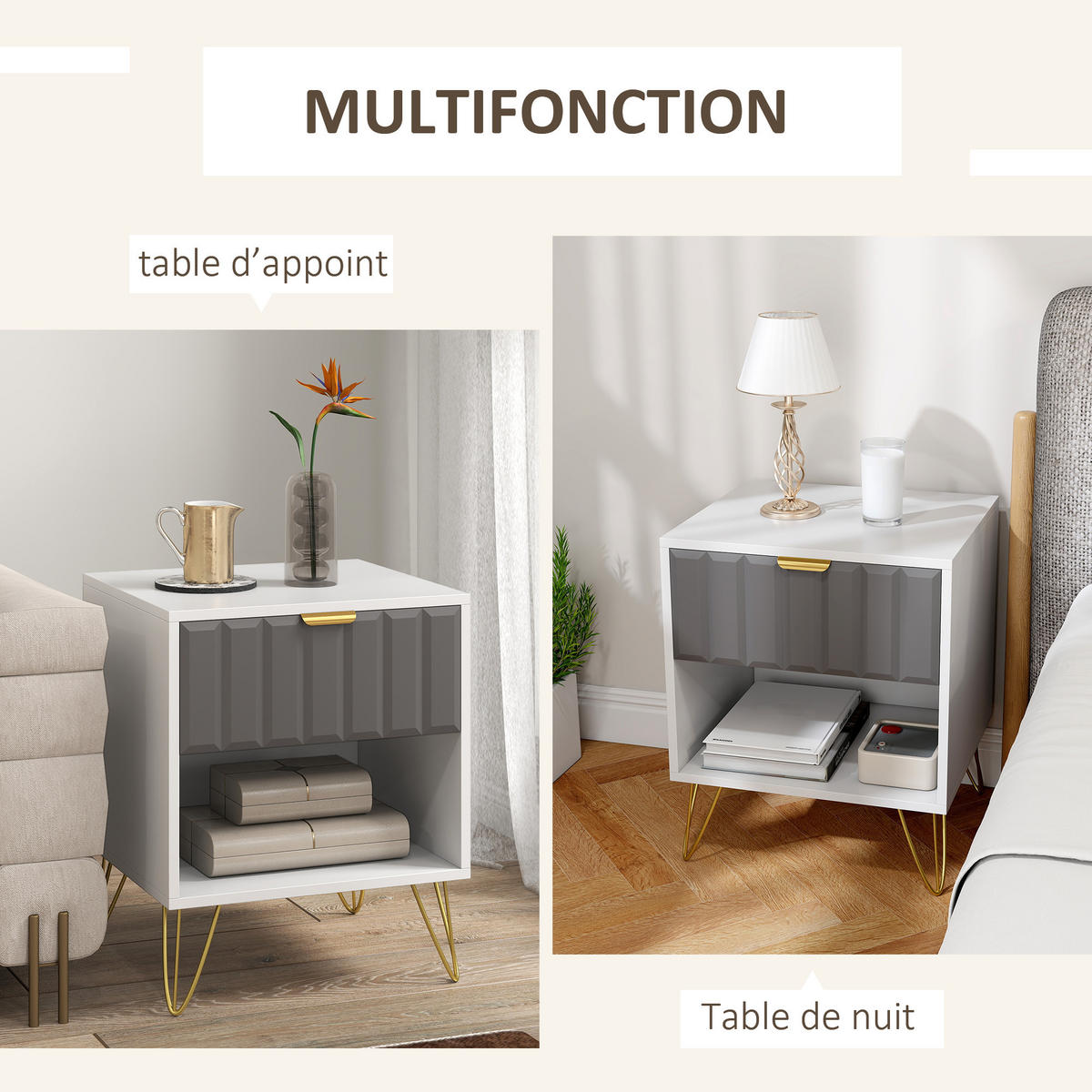 NACHTSCHRANK DE-12912 Schublade und offenes Fach, Stahlfüße Weiß - Weiß, Holzwerkstoff (40/55/45cm) - ComfortXL