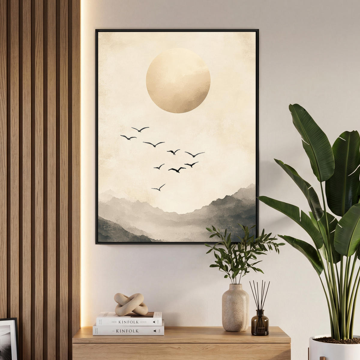 LEINWAND Bilder mit Rahmen - Landschaft - Japandi - Vogel - 70x100 - Beige, Textil (70/100cm) - MuchoWow