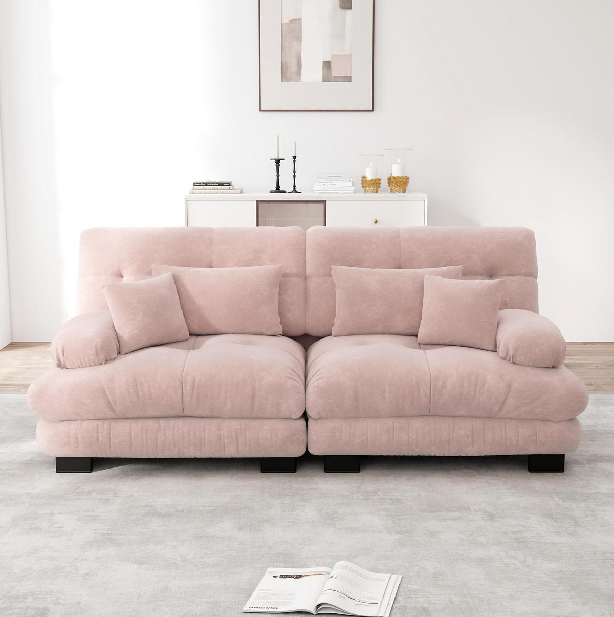 ECKSOFA modular mit Chenille-Bezug, Wolkenkomfort und Zierkissen, Pink - Pink, Textil (220/77cm) - Redom