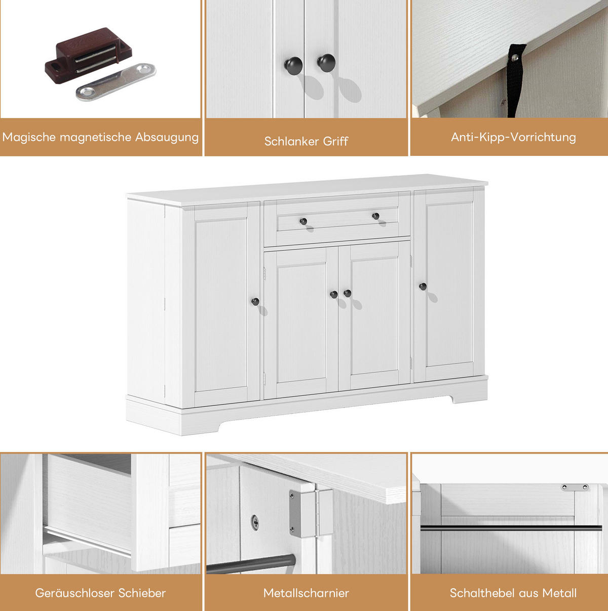 SIDEBOARD mit Schublade 138 cm MDF White 2 Seitenschränke - Beige, Holzwerkstoff (138/85/40cm) - Meubliv