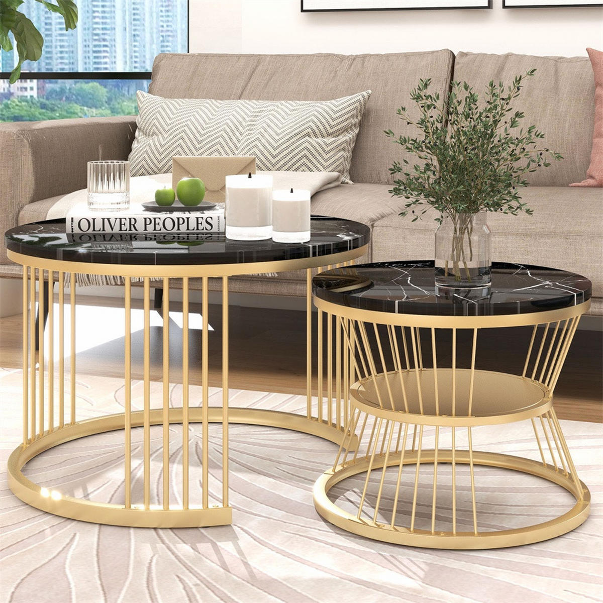 COUCHTISCH 2er Set - Runder Couchtisch 70 cm & 45 cm - Ineinander Schiebbar Marmoroptik - Gold & Schwarz - Schwarz, Holzwerkstoff (70/70/45.5cm) - DELFA
