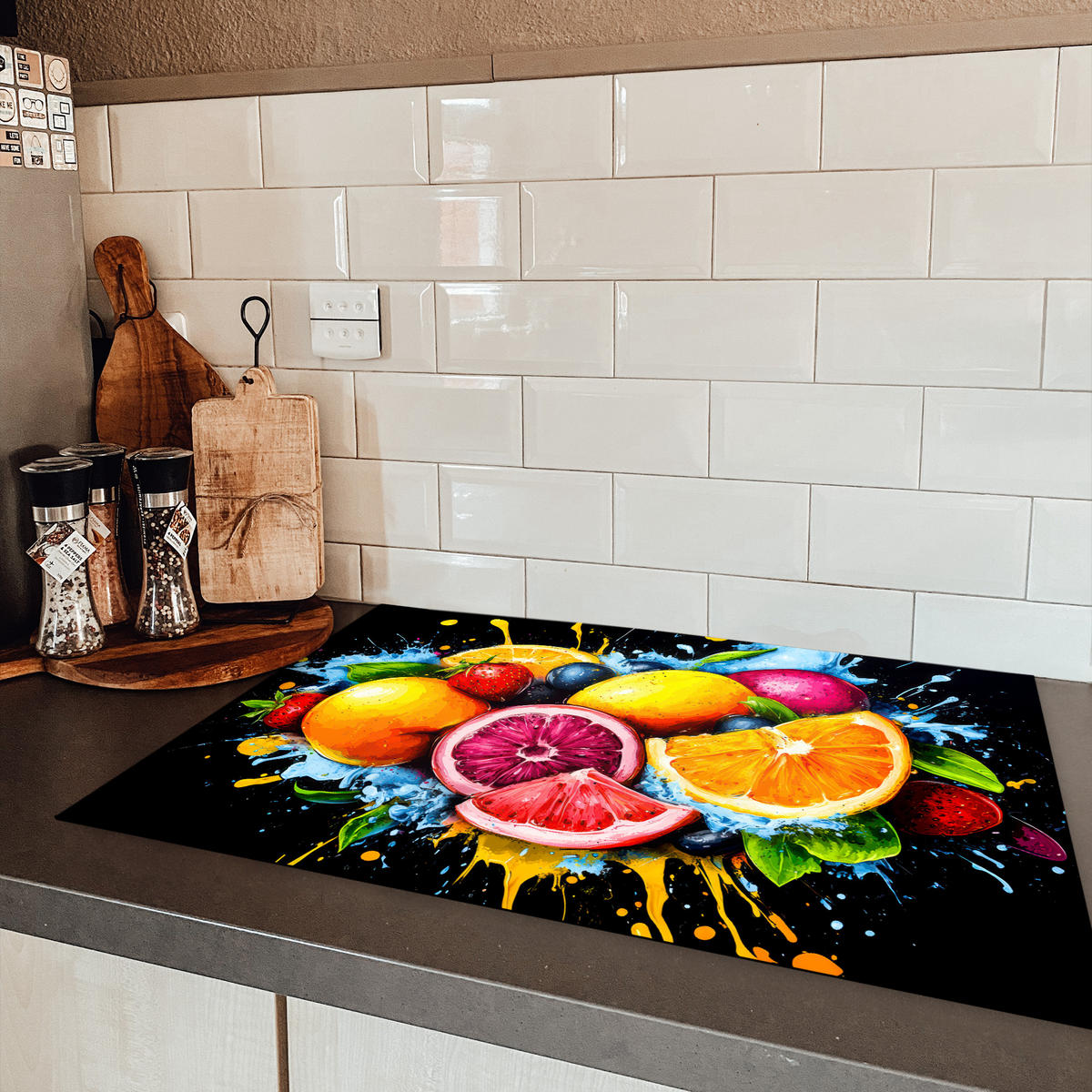 HERDABDECKPLATTE Obst - Graffiti - Bunt - Orange - Erdbeere - Abstrakt 76x51 cm - Orange, Kunststoff (76/0.2/51.5cm) - MuchoWow