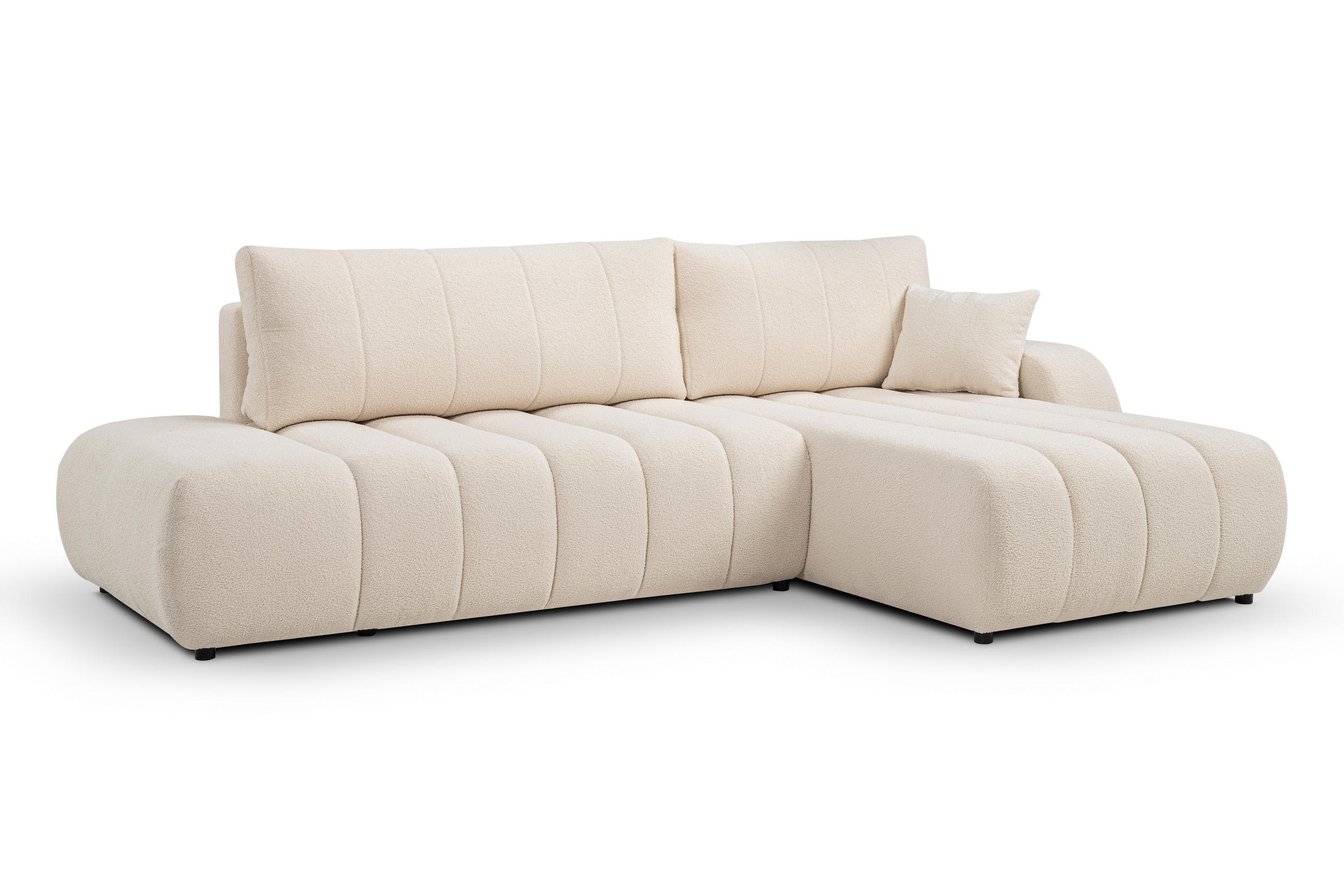 ECKSOFA Baloo mit Schlaffunktion und Bettkasten, komfortable Polsterung, Stoffbezug, lose Rückenkissen, freistehend, RECHTS, 276x176x88 cm, Cream - Creme, Holz/Textil (276/176cm) - DomoHome