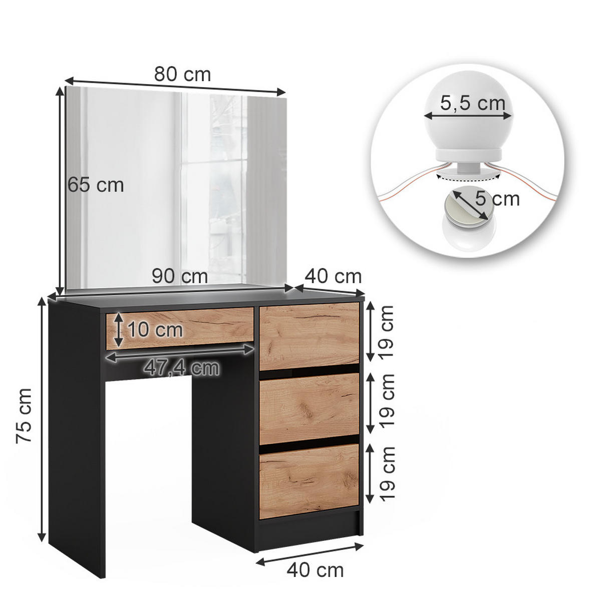 SCHMINKTISCH Sherry Anthrazit/Goldkraft Eiche 90 x 75 cm mit Spiegel & LED-Beleuchtung - Honigeiche/Anthrazit, Holzwerkstoff (90/75/40cm) - Vicco