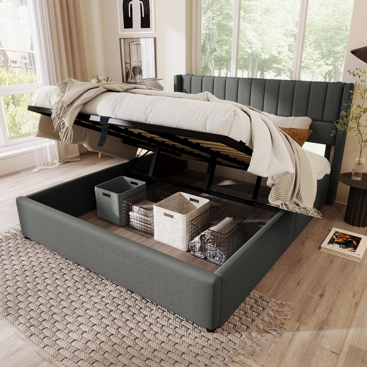 POLSTERBETT Stauraumbett 160/200 cm grau mit hydraulischem Bettkasten - Grau, Textil (160/200cm) - OKWISH