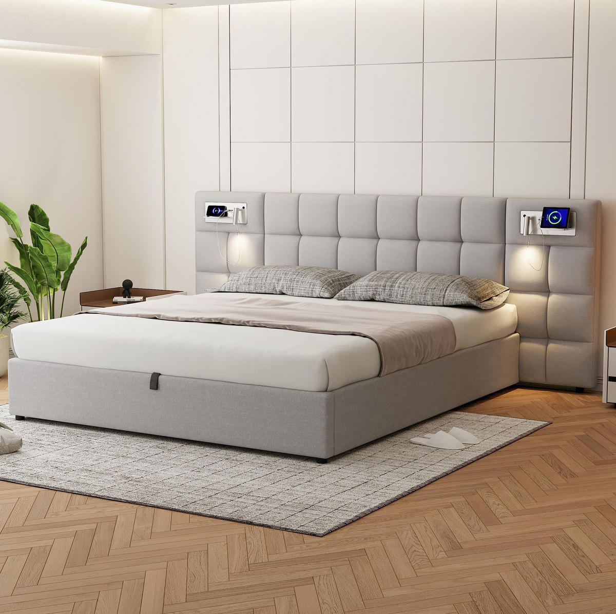 POLSTERBETT 180/200 cm mit hydraulischem Bettkasten, USB & Wireless Charging, Licht, Grau - Grau, Textil (180/200cm) - Redom