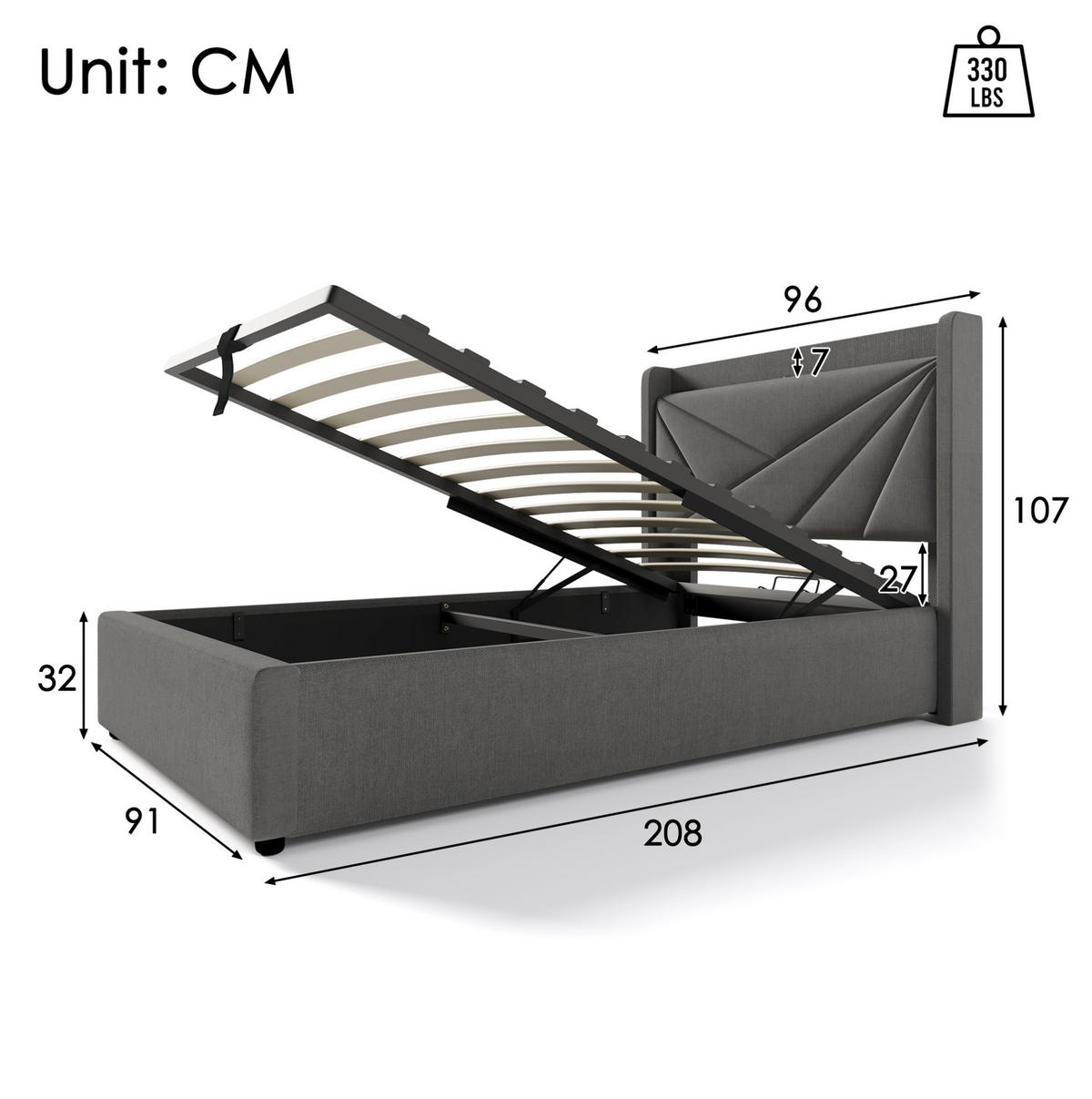 POLSTERBETT 90/200 cm mit Bettkasten, USB/Typ-C am Kopfteil, grau - Grau, Textil (90/200cm) - Redom