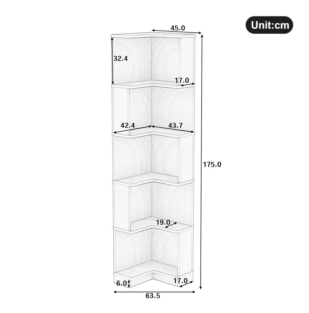 ECKBÜCHERREGAL mit LED-Lichtleiste 63,5 x 45 x 175 cm MDF Schwarz - Schwarz, Holzwerkstoff (45/175/63.5cm) - Beauniv