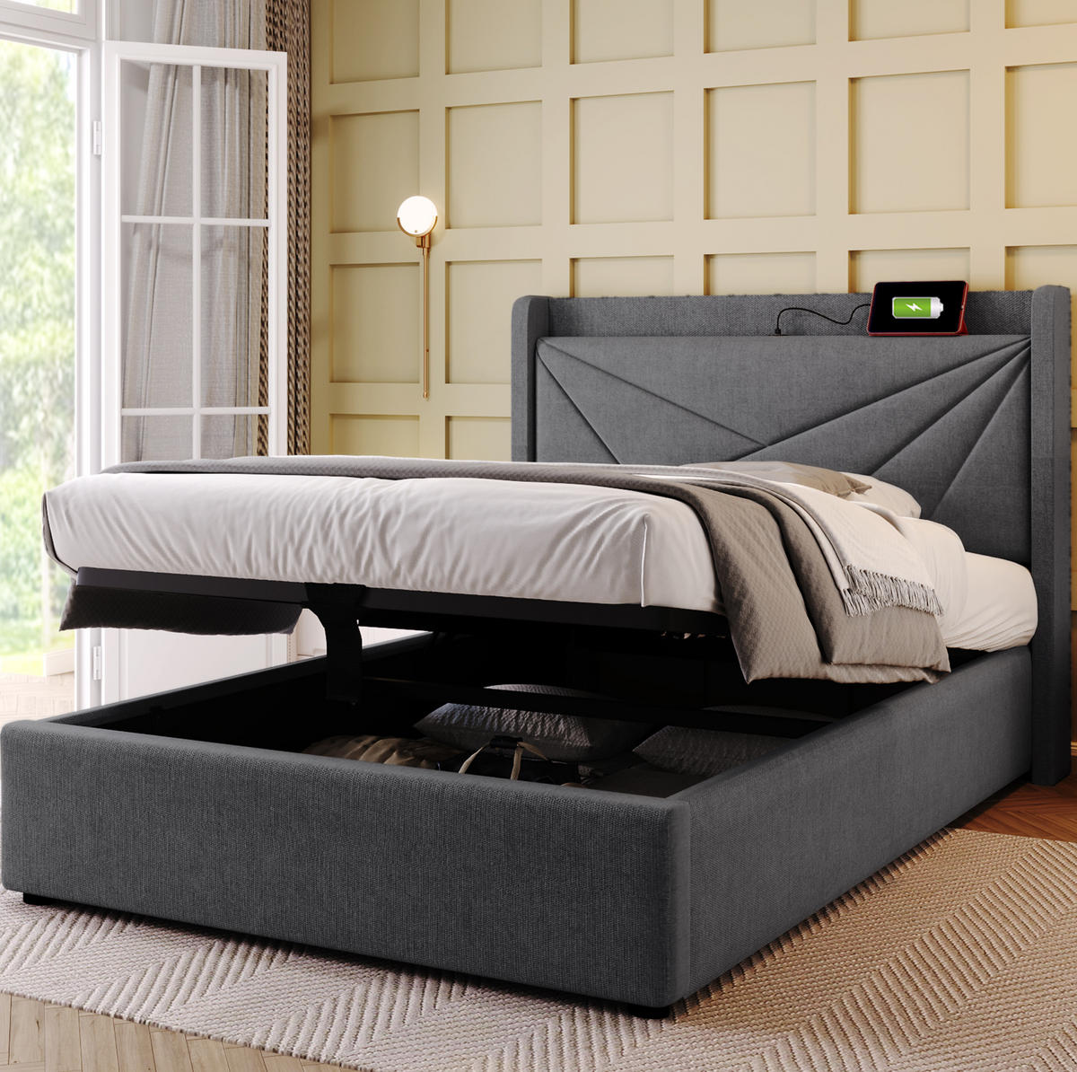 BETT mit Bettkasten und USB/Typ-C 90x200 cm Baumwoll-Leinen Grau inkl. Matratze - Grau, Metall (90/200cm) - Meubliv