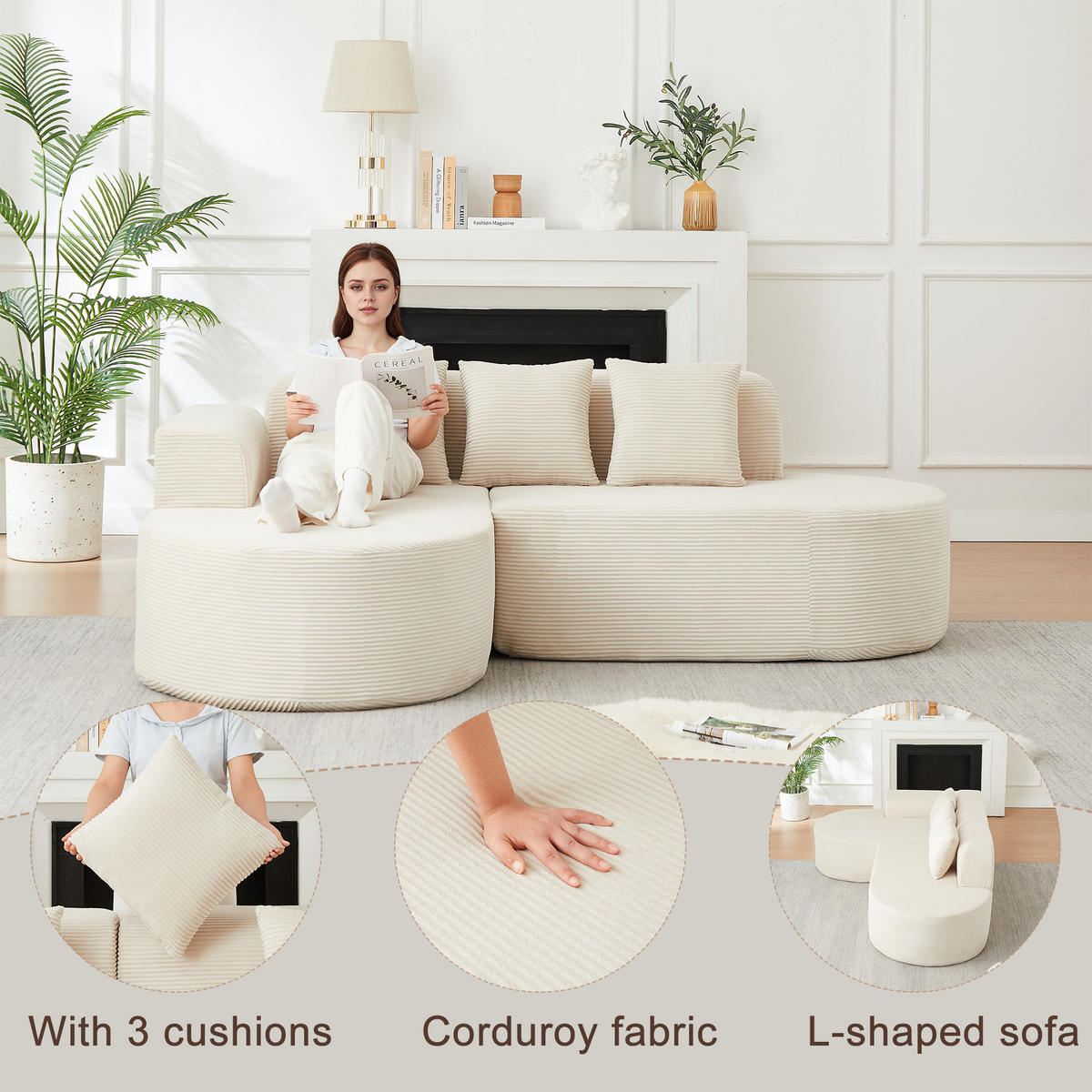 ECKSOFA 220/155/70 cm Beige Cord mit 3 Kissen, Linke Seite - Beige, Textil (220/155cm) - Oxeza