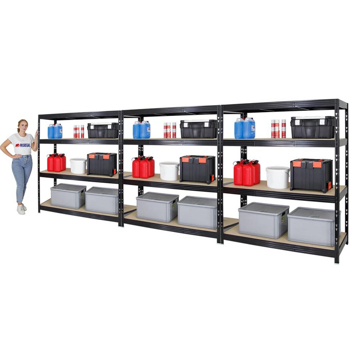 SCHWERLASTREGAL Rhino 3er-Set mit 3x 180x160x60 cm 4 Spanplatten-Ebenen 8mm Fachlast 500 kg Schwarz - Schwarz, Metall (480/180/60cm) - PROREGAL