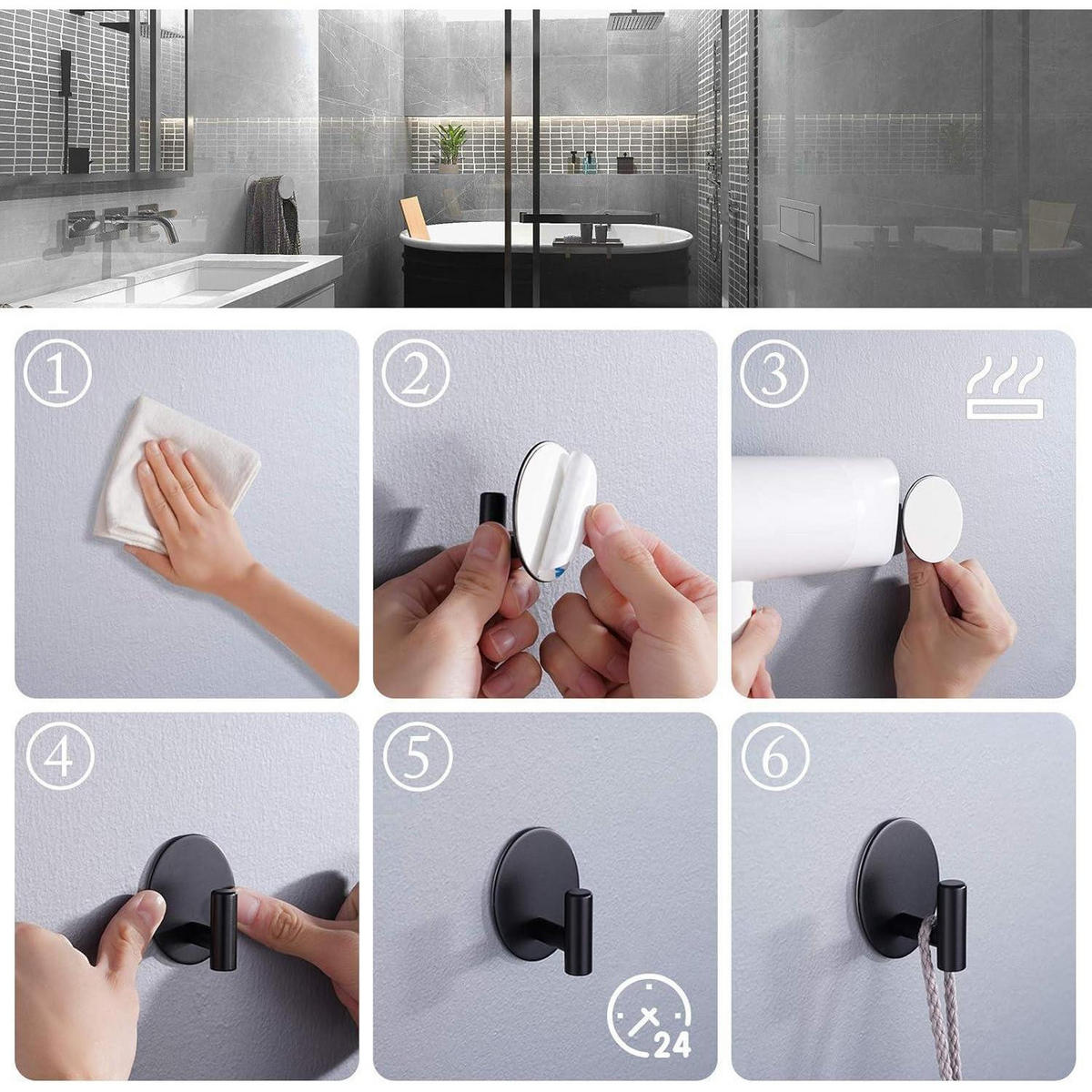 HAKEN 4-teiliges Set Selbstklebend Schwarz - Schwarz, Metall (7.8/5.4/10.8cm)