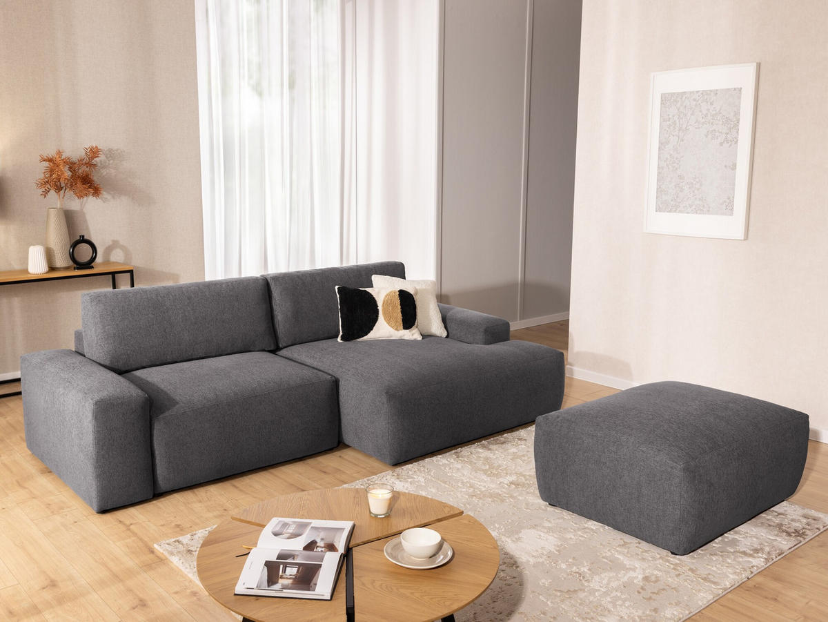ECKSOFA inkl. Hocker Lennon aus Graphit Strukturstoff mit Schlaffunktion und Bettkasten - Graphitfarben/Schwarz, Holz/Kunststoff (264/137cm) - S-Style
