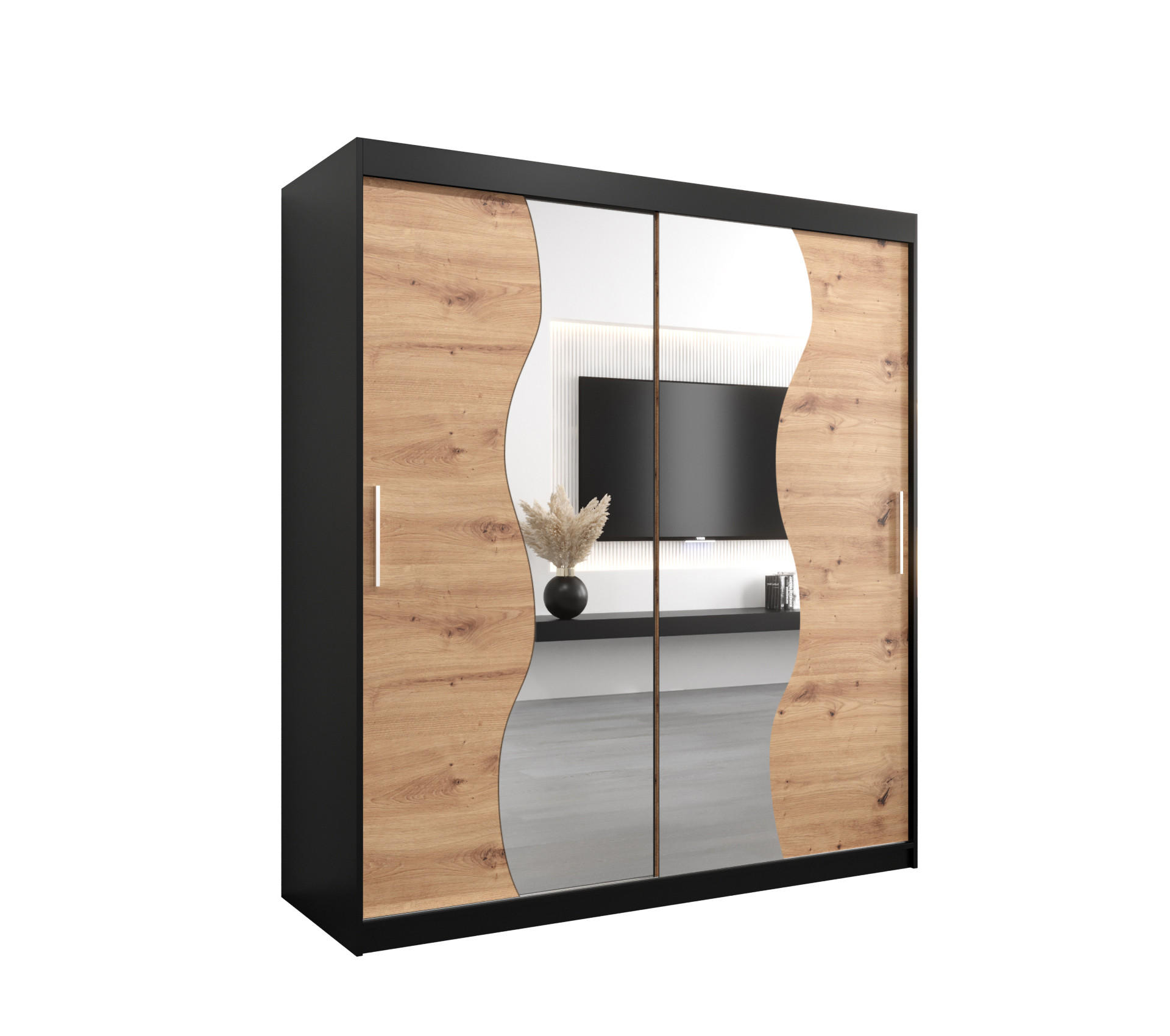 Möbel Kryspol Schwebetürenschrank Schwarz, Eiche Artisan 180x200x62 cm