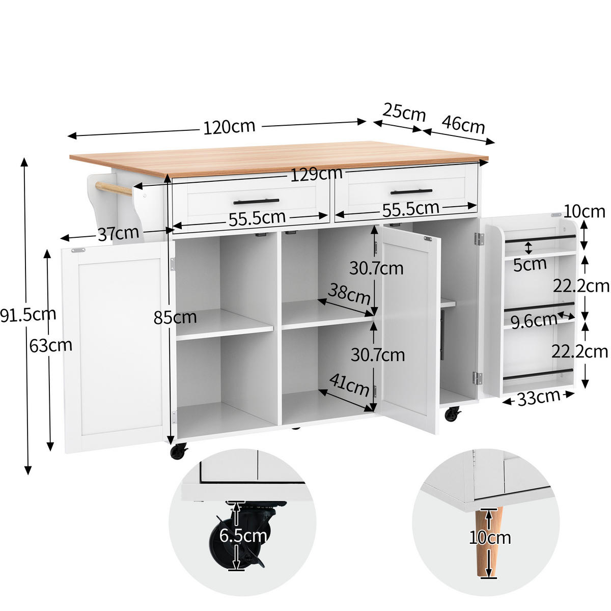 KÜCHENINSEL Weiß 129/46/92 cm - Weiß, Holzwerkstoff (120/91.5/46cm) - PANGIVO