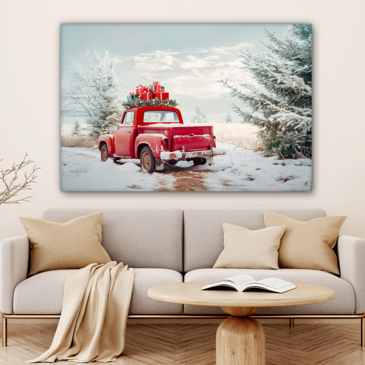 LEINWANDBILD Auto - Rot - Geschenke - Winter - Schnee - Weihnachten XXL 150x100 cm - Rot, Textil (150/100cm) - MuchoWow