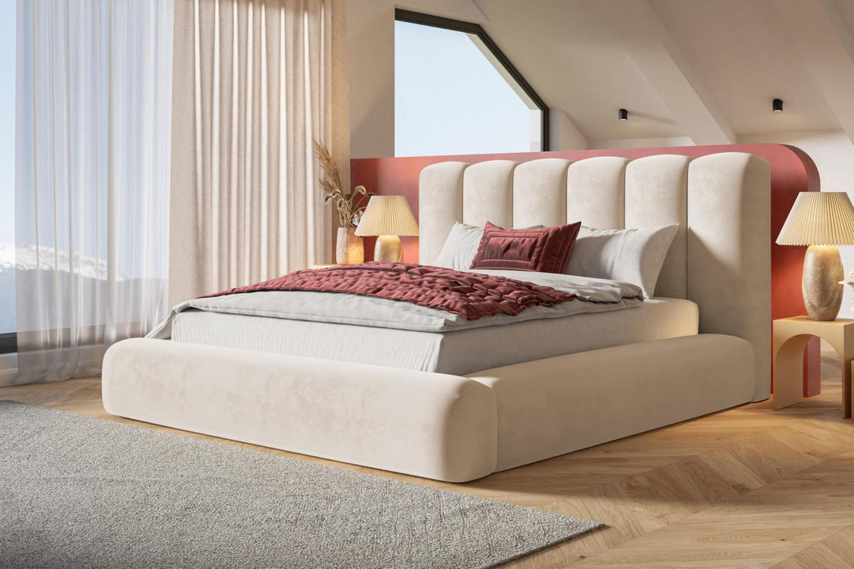 BETT 140x200 - Polsterbett mit Bettkasten und Holzrahmen - Modern Bett - Eleganter Amor-Velvet-Stoff - Kollektion Alva Maxi - Beige - Beige, Holz/Textil (140/200cm) - Alpi-Möbel