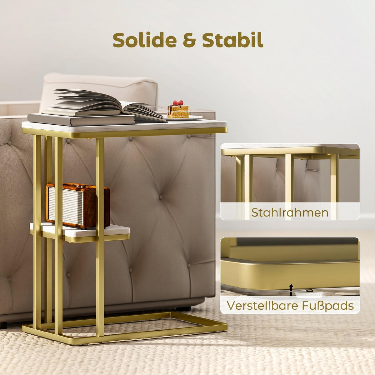 SIDOBORD i MDF och stål, vit - Vit/Guldfärgad, Träbaserade material/Plast (50/30/57.5cm) - HOMCOM