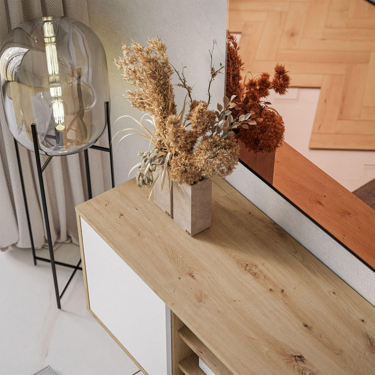 TV-ELEMENT SANAYI Hängend mit Regalen Eiche Artisan/Weiß - Weiß, Holzwerkstoff (156/41/38cm) - Lookway
