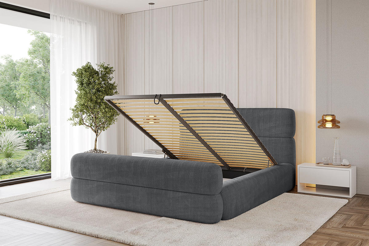 POLSTERBETT mit Bettkasten, Fußteil und Lattenrost, Boxbett mit Matratze H3/H4 - ENORA-Z 180x200 Dunkelgrau - Anthrazit, Holzwerkstoff/Textil (180/200cm) - ALTDECOR