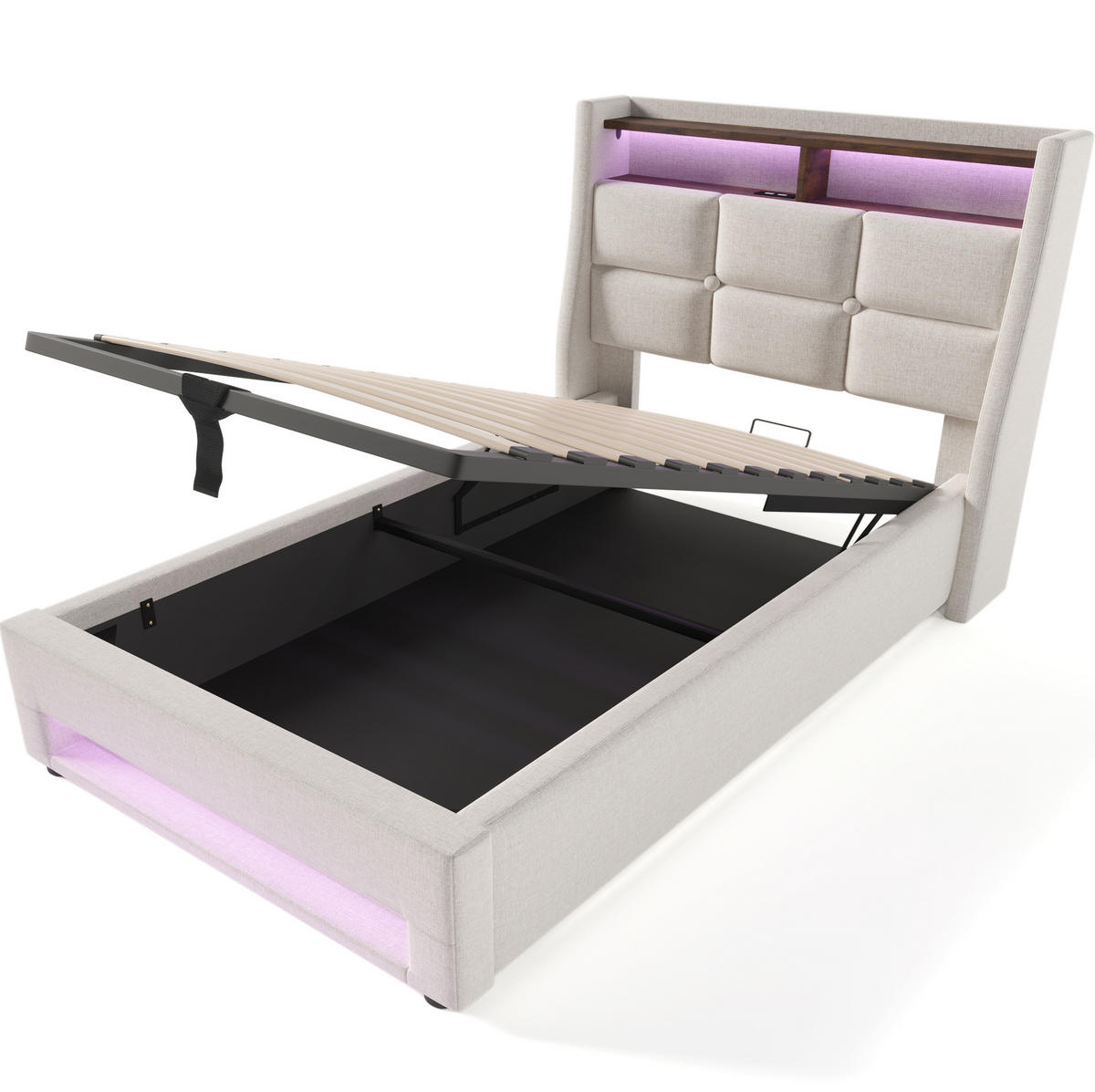 POLSTERBETT aus Leinen 90x200 cm in Beige mit LED-Beleuchtung & Matratze - Beige, Textil (90/200cm) - Modfu