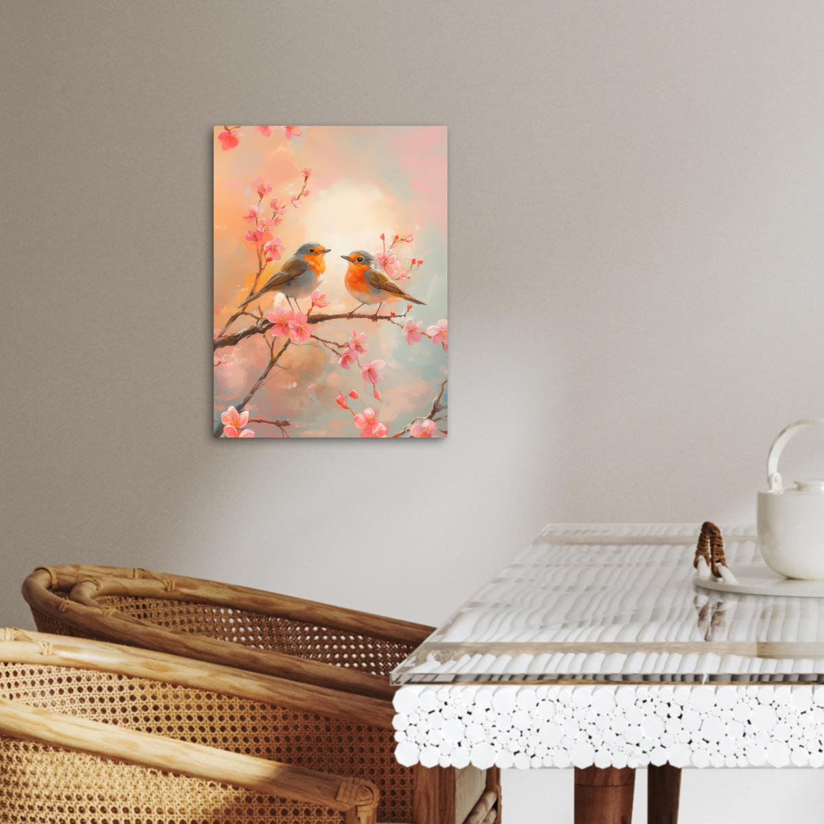 LEINWANDBILD Rotkehlchen - Zierpflanze - Blütenzweig 30x40 cm - Hellrosa, Textil (30/40cm) - MuchoWow