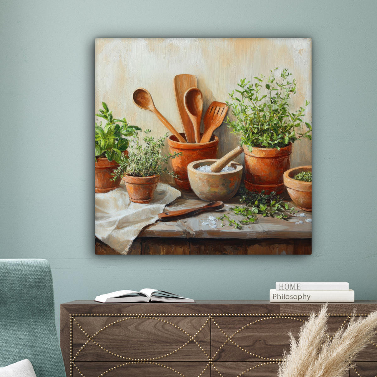 LEINWANDBILD Töpfe - Kräuter - Holz Deko Groß 90x90 cm - Terracotta, Textil (90/90cm) - MuchoWow