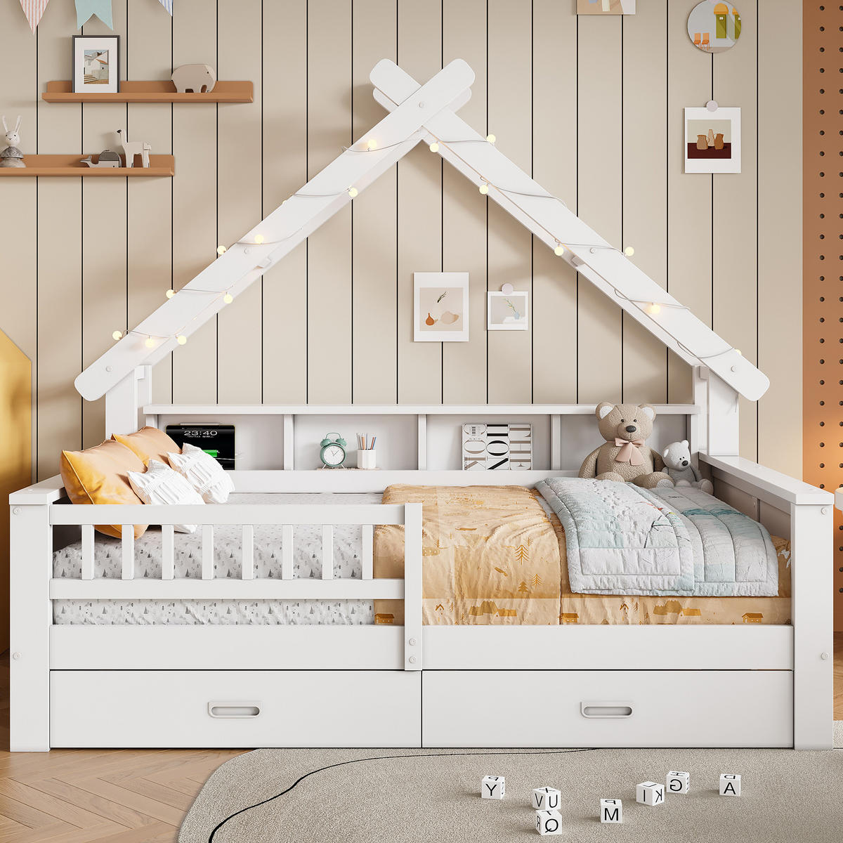 HAUSBETT 140/200 cm in Weiß mit 2 Schubladen, LED und Regal - Weiß, Holz/Holzwerkstoff (140/200cm) - WISHDOR
