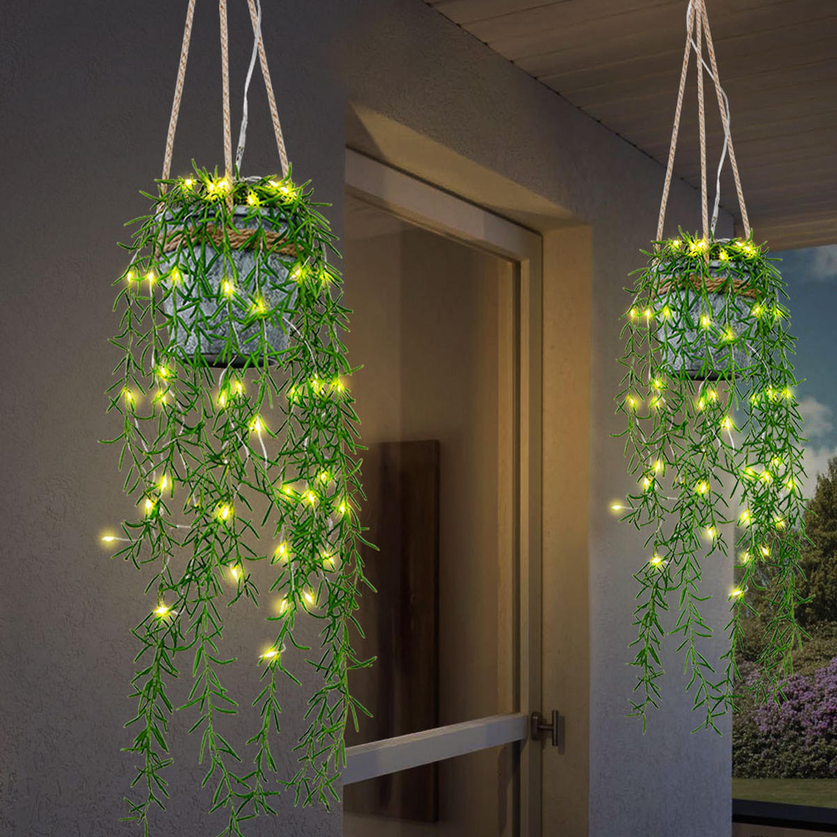 LED AUSSENLEUCHTE Kunstpflanze Hanfseil Grün 2er Set - Multicolor, Kunststoff (13/13/90cm) - Globo Lighting