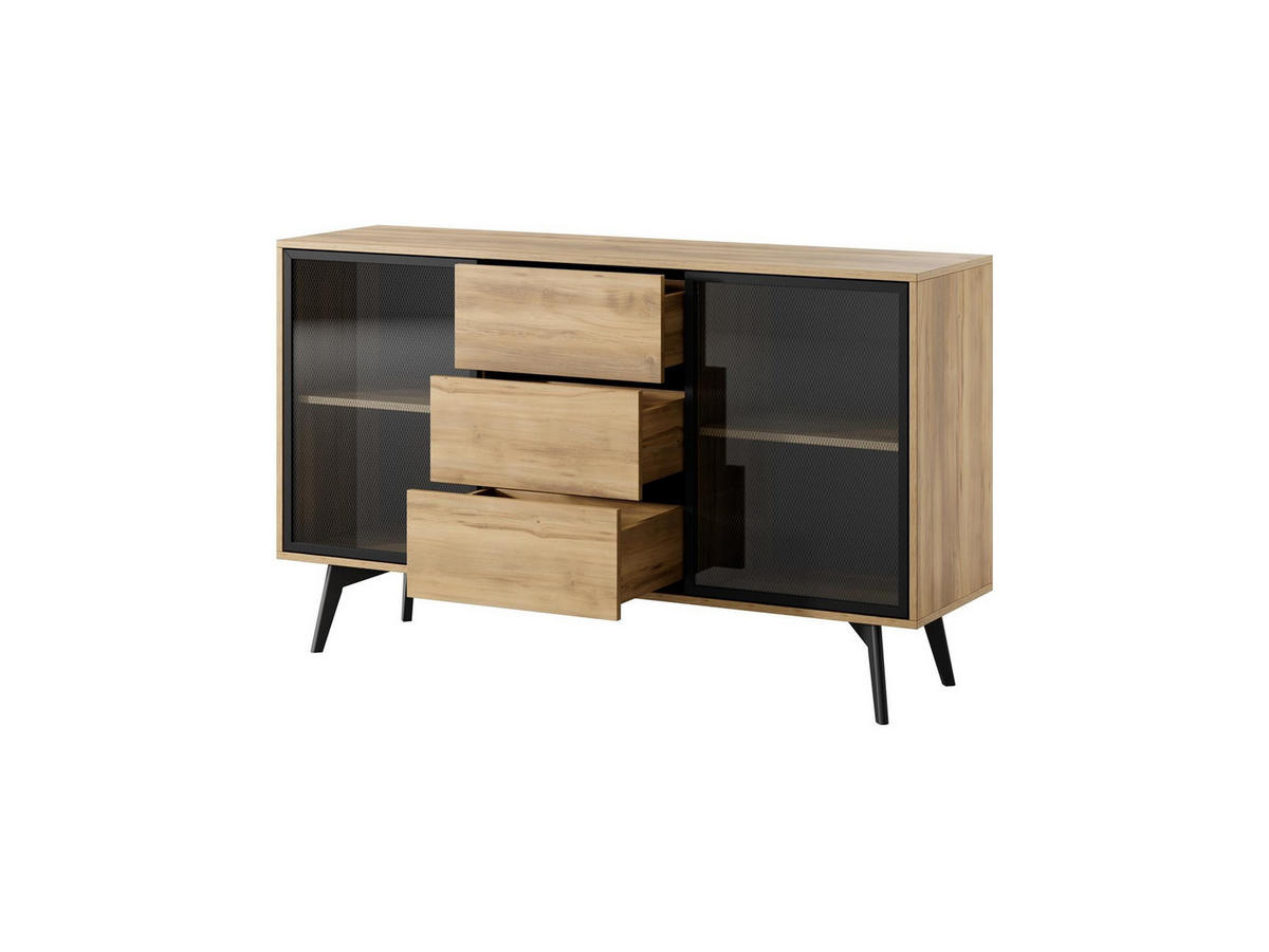 KOMMODE Swift Golden Eiche, zweitürige Kommode mit Schubladen, mit LED - Schwarz/Braun, Holzwerkstoff (144/85/39cm) - Bettso