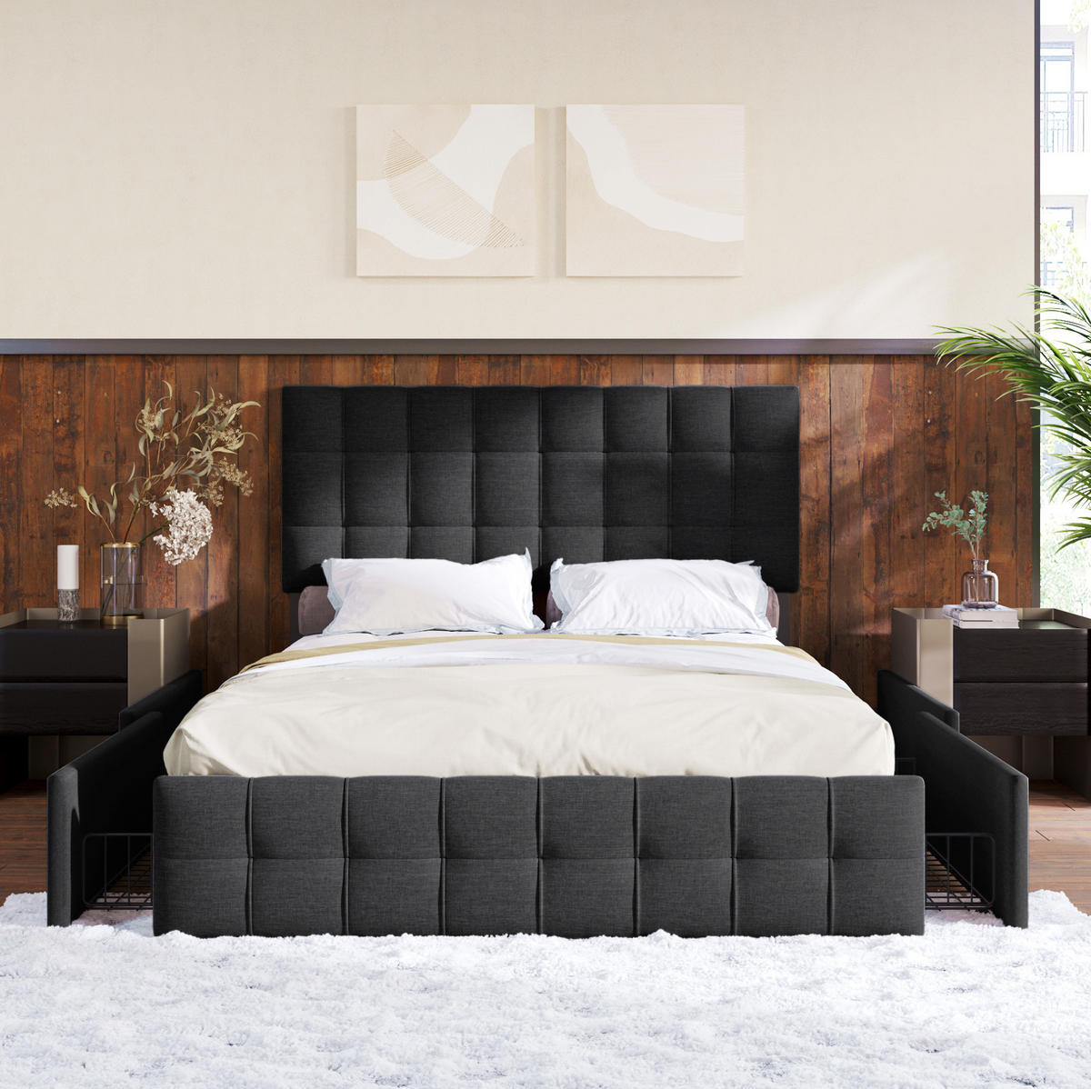 POLSTERBETT mit 4 Schubladen 140x200 cm Leinen Schwarz - Schwarz, Metall (140/200cm) - Meubliv