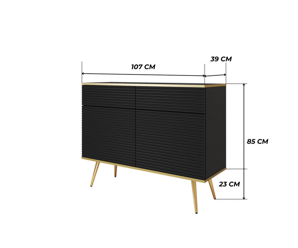 KOMMODE FORNO (Schwarz, Rillenfront, Goldene Details, 2 Türen, 2 Schubladen, goldene Metallfüße, 107 cm) - Gelb/Goldfarben, Holz/Holzwerkstoff (107/85/39cm) - Ravio