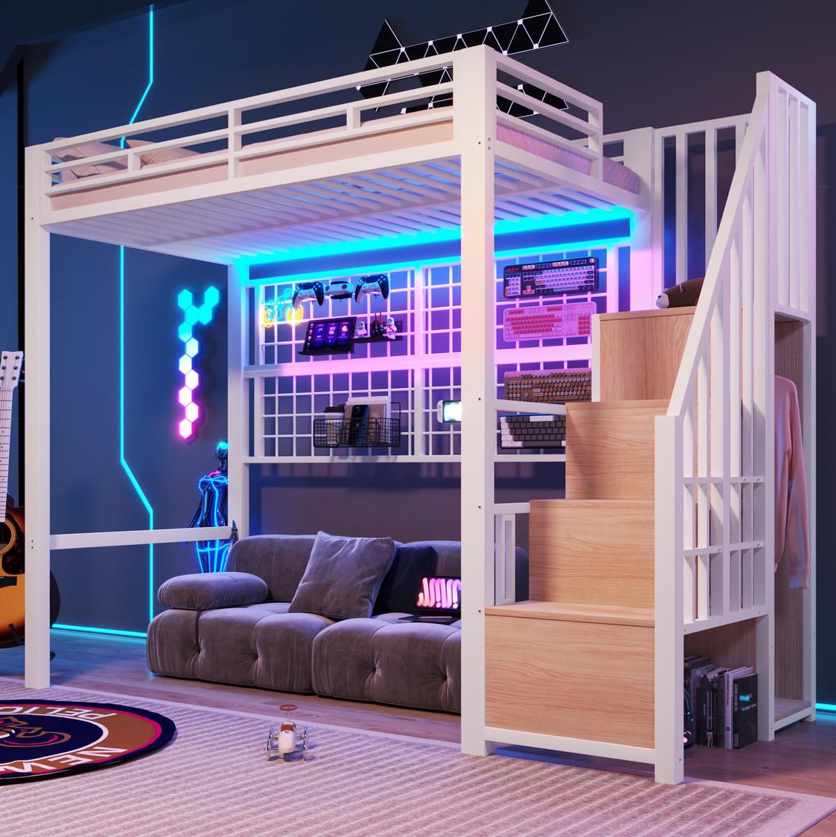 HOCHBETT aus Metall und MDF 90x200 cm Weiß mit Kleiderschrank, Stauraumleiter und 7-Farben-LED - Weiß, Metall (90/200cm) - IVMEU