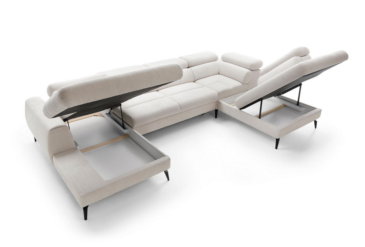 WOHNLANDSCHAFT NOTE Creme Chenille mit Schlaffunktion - Creme, Holz (345/93/257cm) - MASSENO