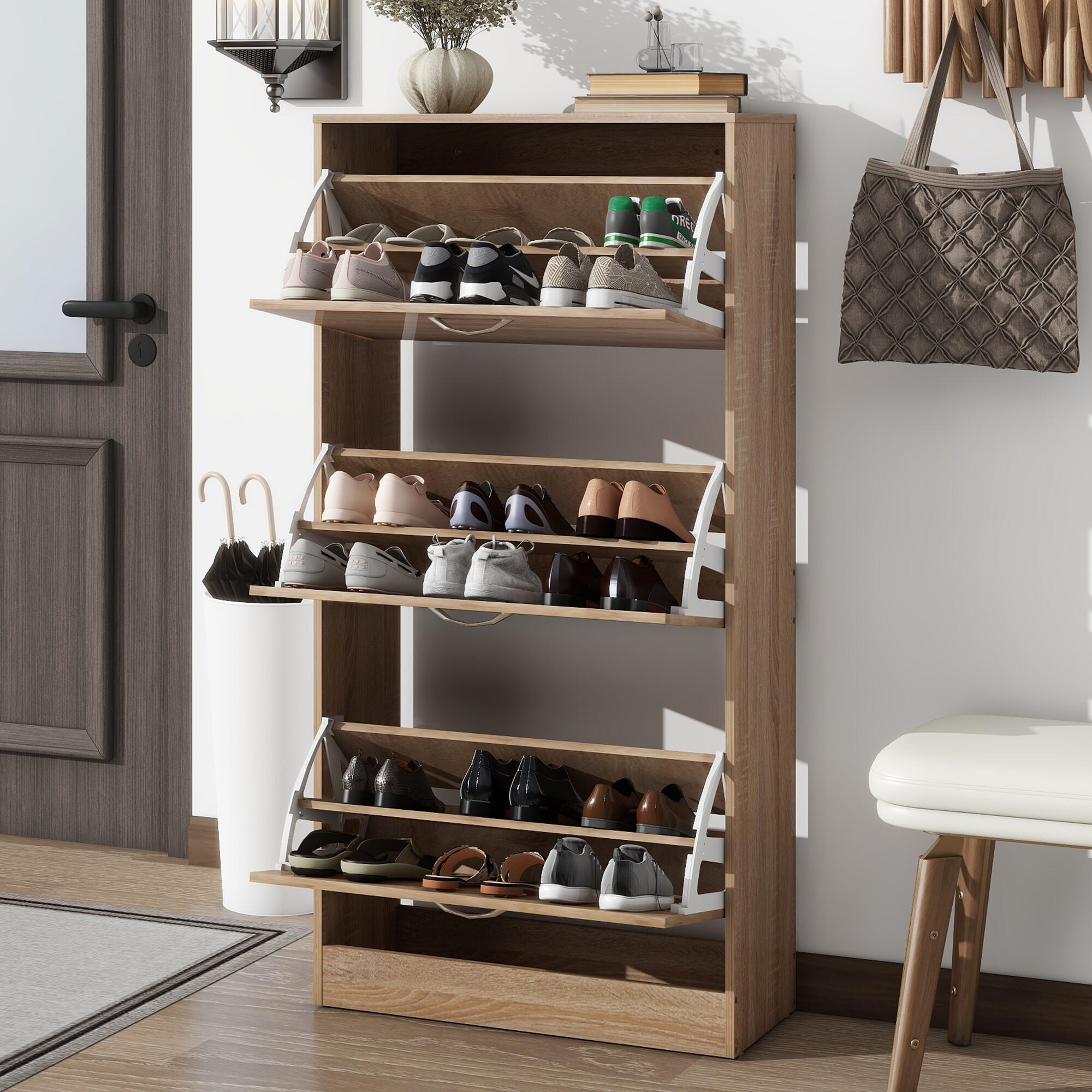 SCHUHSCHRANK mit 3 Klappen 60/24/120 cm - Hellbraun, Holzwerkstoff (24/120/60cm) - Urban Meuble